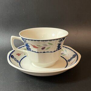 Adams Real English Ironstone Lancaster Cup & Saucer Red Blue Green Flowers